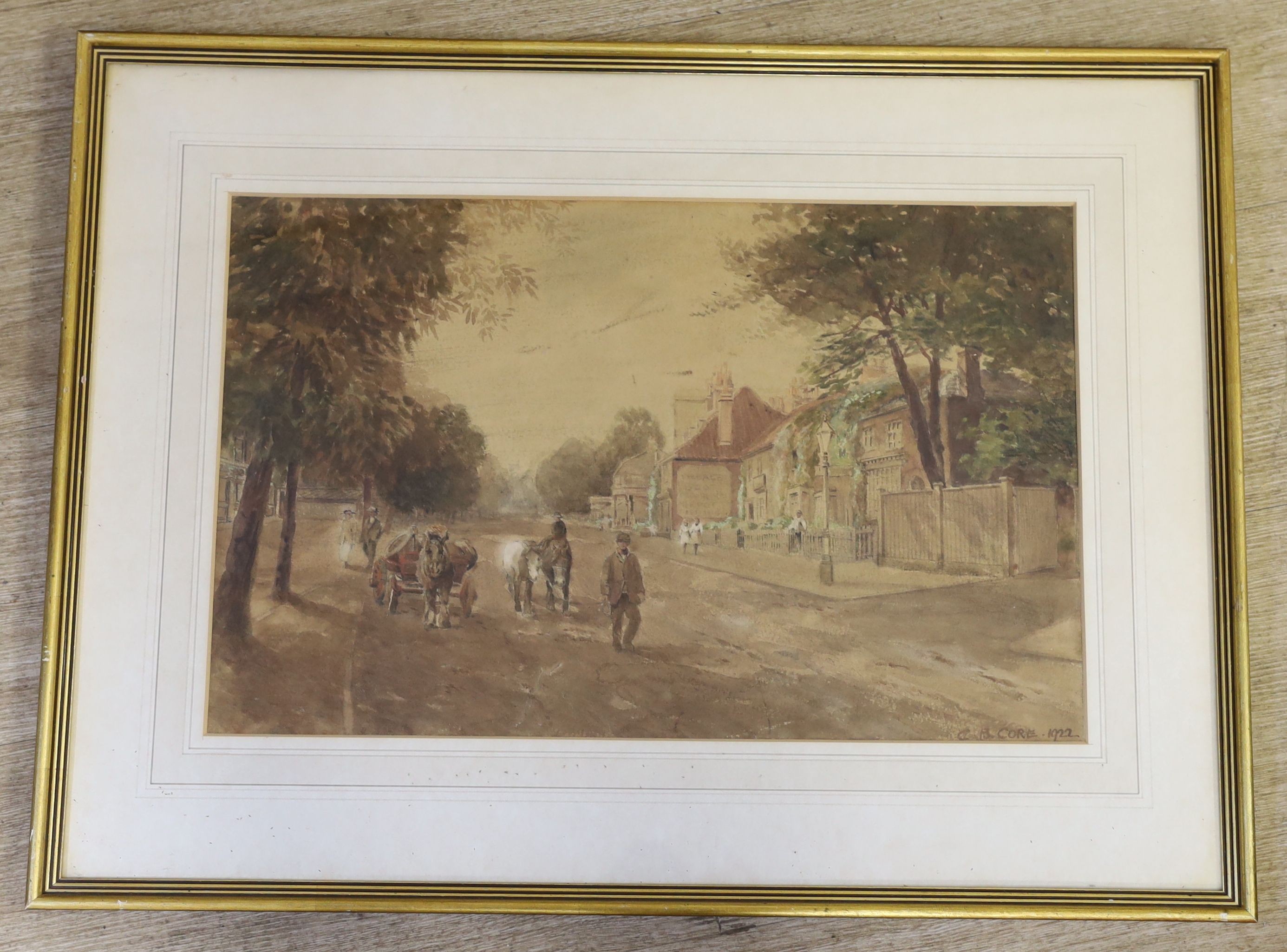 C.B. Core, watercolour, Village street scene 1922, signed, 32 x 49cm